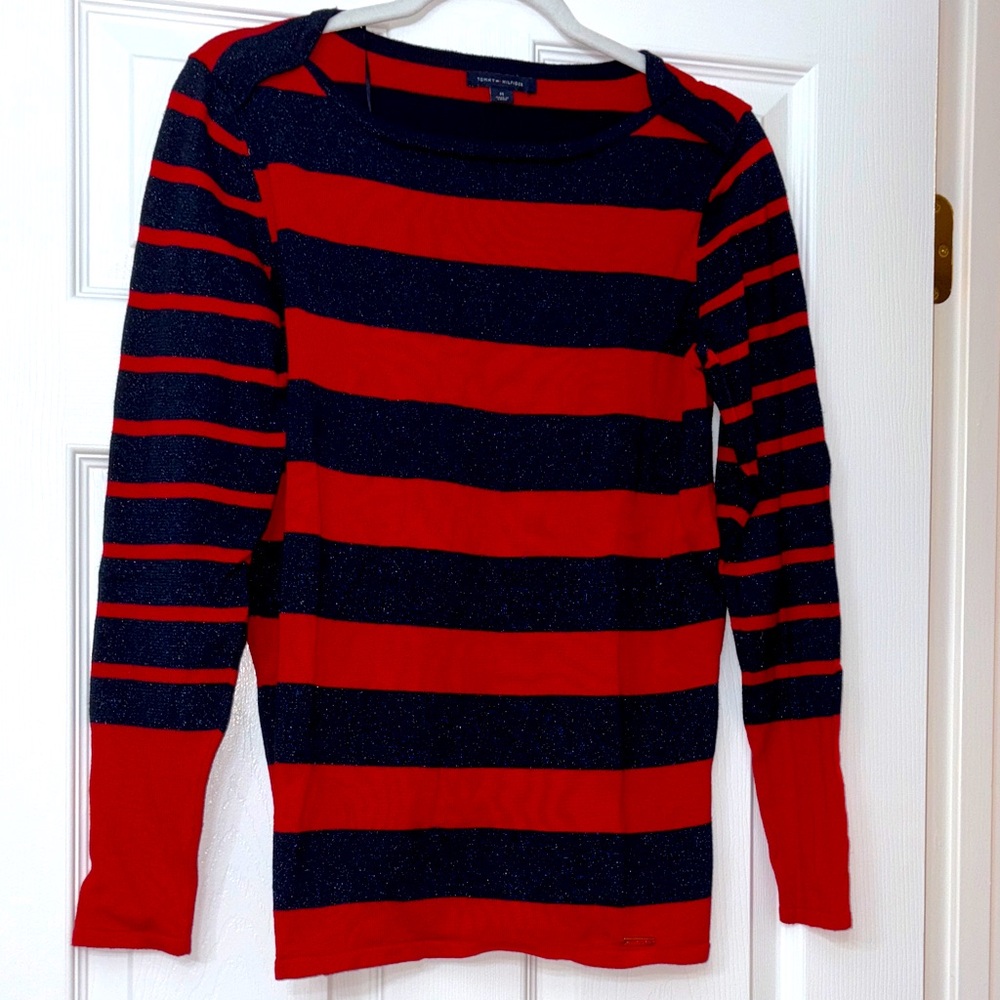 Tommy Hilfiger Red and Navy Blue top
Blue stripes have glitter